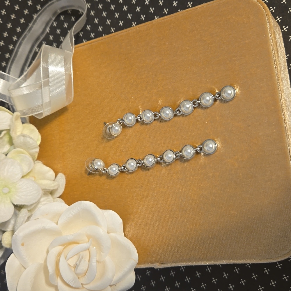 Vintage Bridal style Long Length Drop Pearl Chain Wedding Prom Formal Earrings - Picture 5 of 8